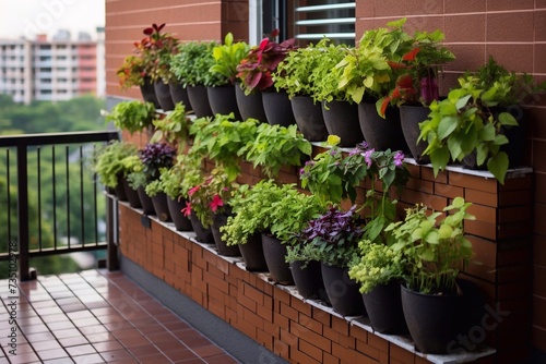 Stylish and beautiful. Morden residential balcony garden with bricks wall and plants