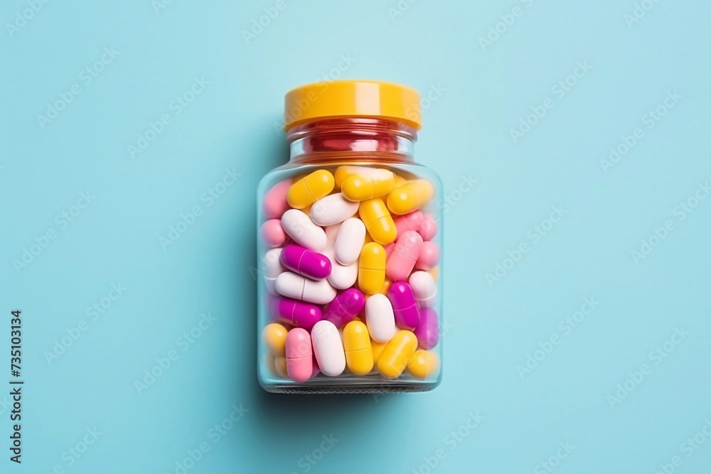 Multicolored pills and capsules in plastic bottle on Colored background, copy space. Many different various medicine tablets and pills, vitamin and nutritional supplements concept