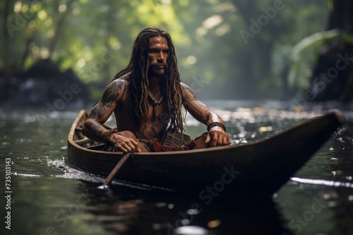 Native tribal man swimming in rainforest in handmade boat © Ирина Курмаева
