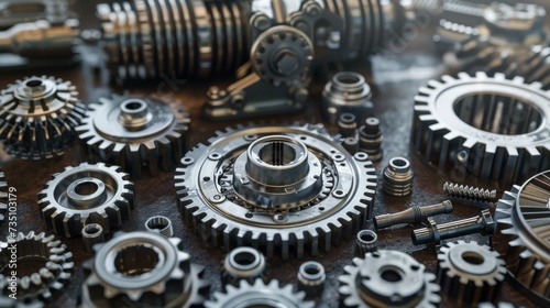 3D Complex mechanism : Gears and cogs, disassembled metal industrial engine