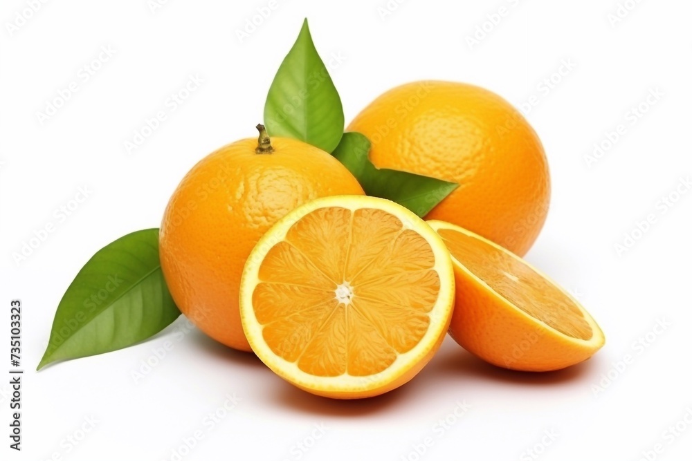 Tasty and useful. Orange fruit with orange slices and leaves isolated on white background Tasty and useful. Orange fruit with orange slices and leaves isolated on white background