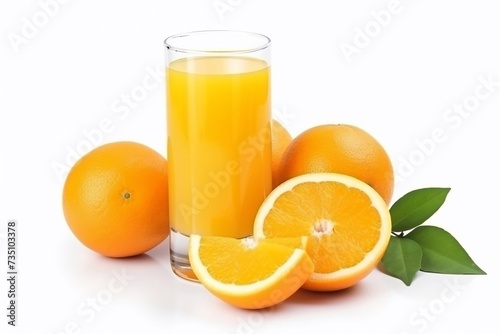 Tasty and juicy. Orange juice with orange sacks and slices of fruit isolated on white background