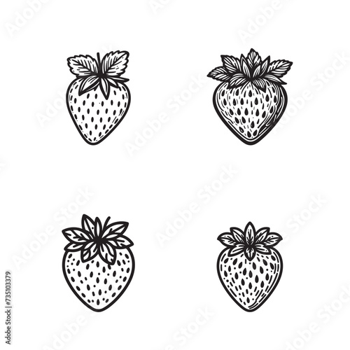 Set of Four Hand-Drawn Black and White Strawberry Illustrations