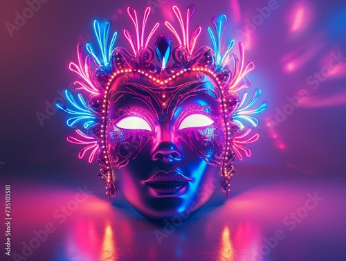 Compose a dazzling display of a neon masquerade mask emanating florescent lights from within set against a stark monochromatic background in a 3D render photo