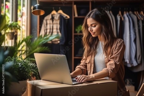  Overjoyed young woman open unpack cardboard box with internet order shopping online from home. female buyer unbox package buying on web. Delivery service