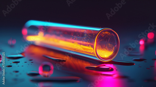 Artistic representation of an isolated neon colored test tube emphasizing on its shape and luminosity in a 3D design photo