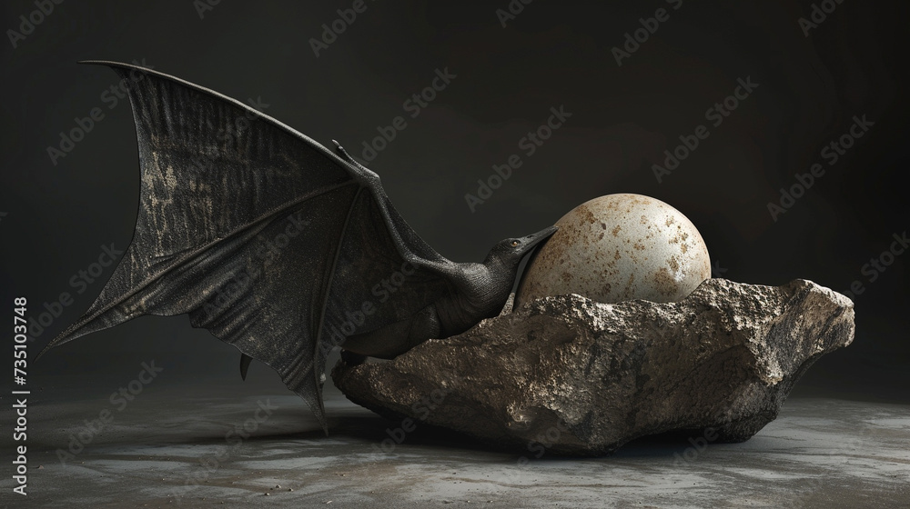 Obraz premium Hyper realistic 3D rendering of a pterodactyl wing sheltering a fossilized egg resonating with ancient mysteries