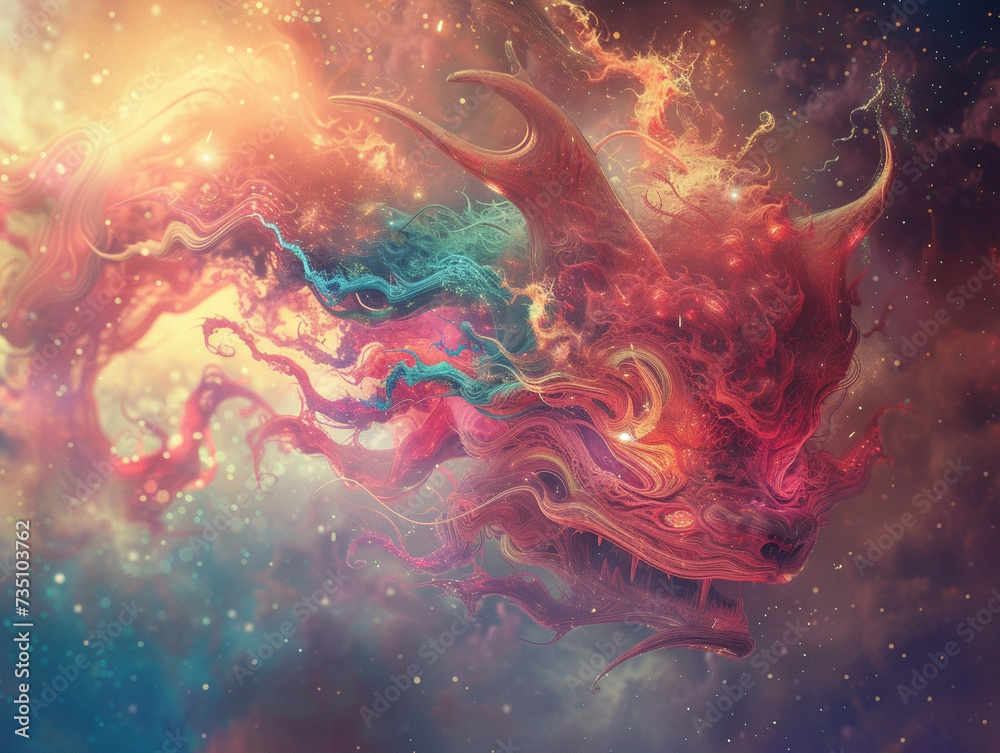 Illustrate a unique representation of an ethereal demon blending with cosmic elements