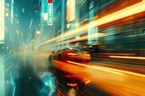 moving car with blur light through city at night. AI generated illustration