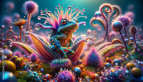 A fantastical, vibrant frog sits amidst a magical ecosystem of glistening plants and bubbles, creating a vivid, otherworldly scene.Animal representation concept.AI generated.