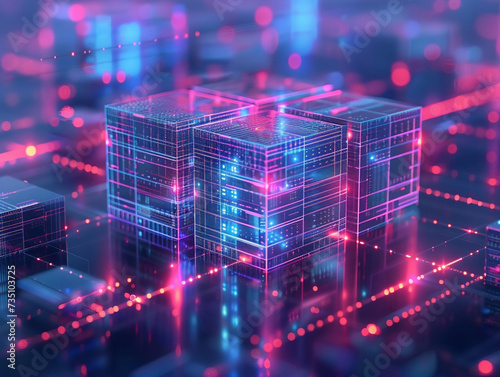 Futuristic technology data server created using a wireframe model surrounded by abstract digital patterns in a 3D render