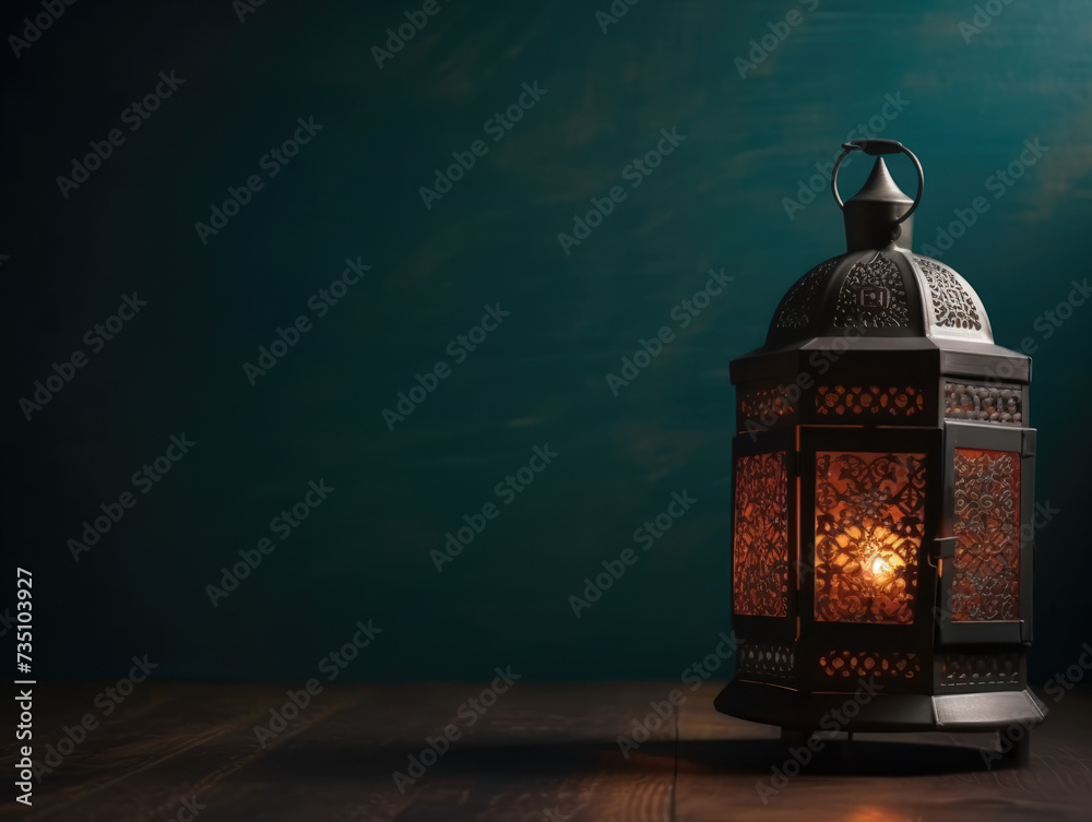 Ramadan kareem lantern with burning candle on a dark green background. Arabic Lantern