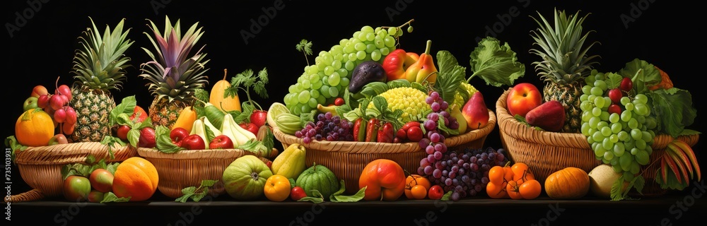 vegetables and fruit in brown rattan basket on black background vegetables and fruit in brown rattan basket on black background