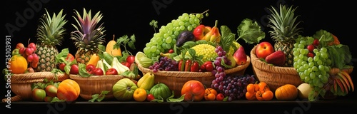 vegetables and fruit in brown rattan basket on black background