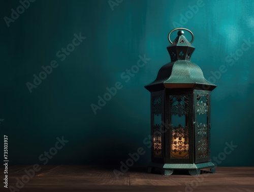 Ramadan kareem lantern on a dark green background. Arabic Lantern