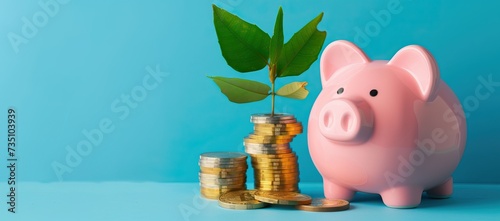 A pink piggy bank on blue background with copy space. AI generated illustration