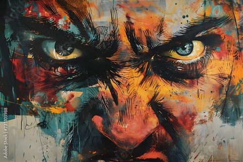 Expressionistic Portrait of an Aggressive Man in a Colorful Gritty Canvas