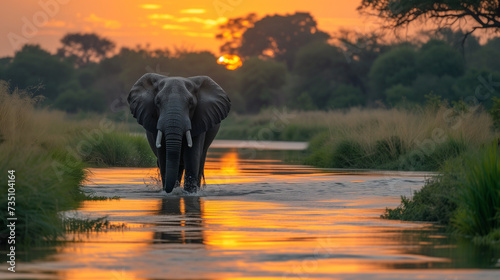 Elephant herd crossing river at sunset. a family of elephants playing in a river. A large lonely elephant in the setting sun. Herd of elephants walking across river. Group of wild elephants walking.