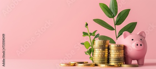 Piggy bank in the form of a smiling pink pig on the table to save wealth, savings and financial success, close-up view. AI generated illustration photo