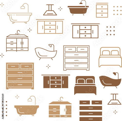 furniture outline icon set includes thin line chair, chair, bedroom, alarm clock, table, wall lamp, bath tub icons for report, presentation, diagram, web design