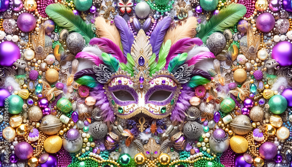 Majestic Mardi Gras Mask Amidst a Treasure Trove of Festive Ornaments