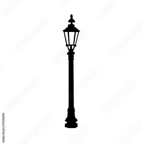 Vector isolated one single retro vintage old street lamp on a pole colorless black and white outline silhouette shadow shape stencil solid black