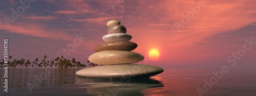 Pyramid of stones in water at sunset, 3D rendering