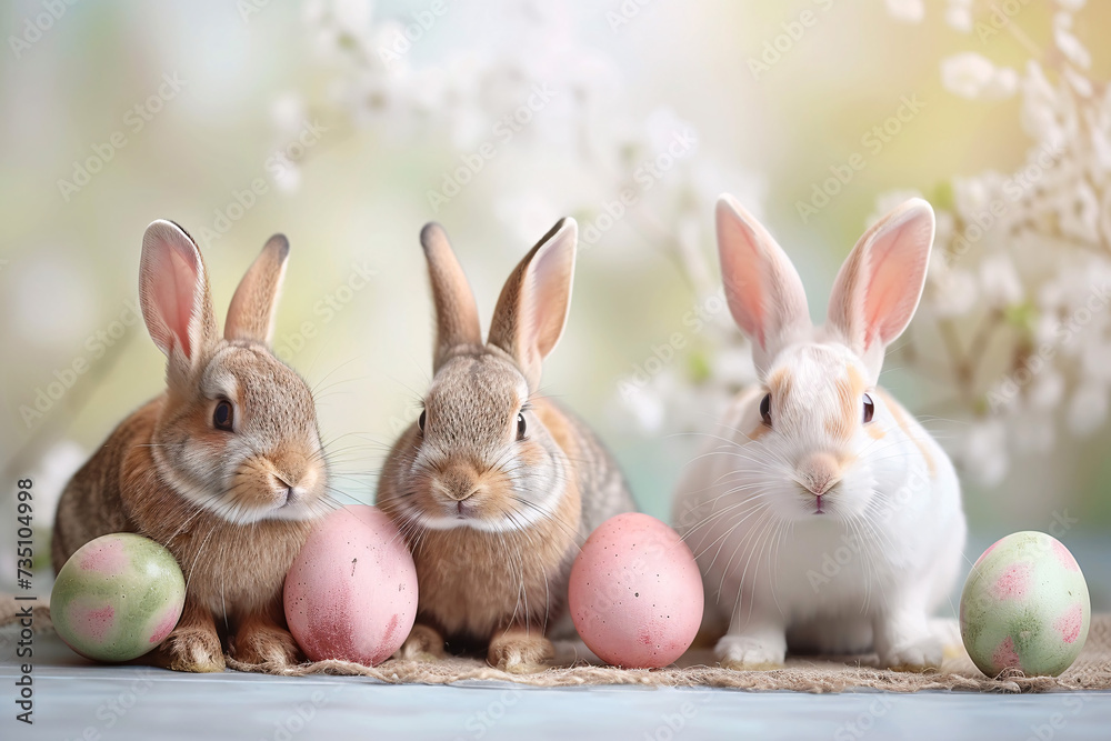 easter card, easter bunny with eggs, easter eggs and flowers, easter eggs in a basket, easter eggs and flowers on a white background, easter wall paper and background for social media	