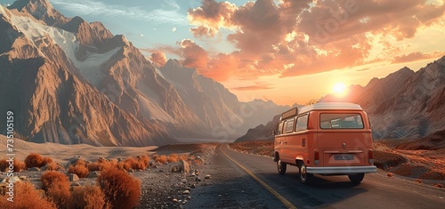 travel van is driving down a road with mountain in the background.