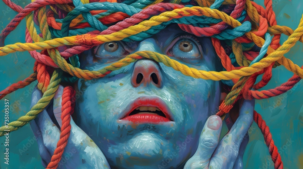 Colorful Surrealistic Painting of a Woman with Ropes - obrazy, fototapety, plakaty 