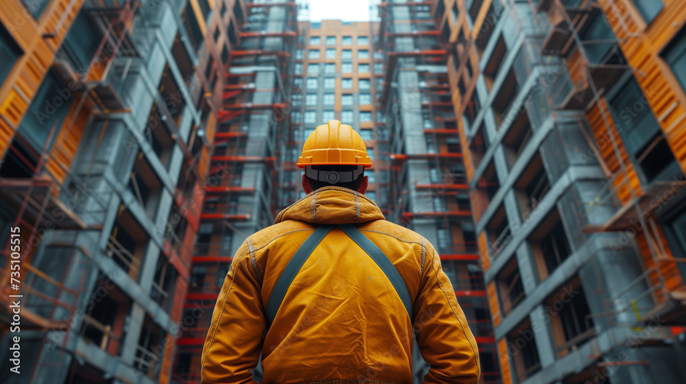 Construction worker with safety helmet in front of a building in construction , construction industry concept background, Ai generated image Construction worker with safety helmet in front of a building in construction , construction industry concept background, Ai generated image