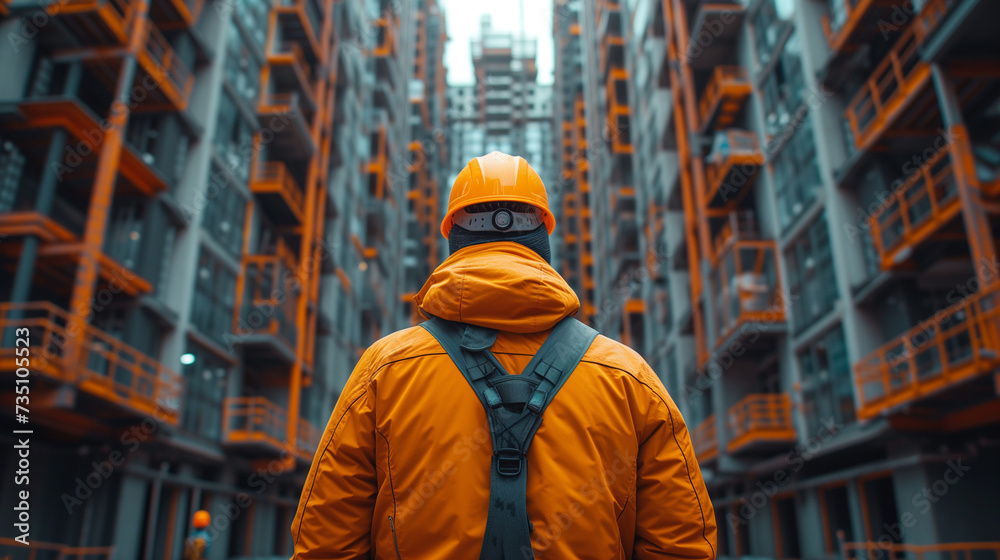 Construction worker with safety helmet in front of a building in construction , construction industry concept background, Ai generated image