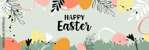Vector Happy Easter banner Trendy Easter design, hand painted elements, silhouettes of eggs grass and leaves flowers in pastel colors. Modern flat minimalistic style. Horizontal poster, greeting card,