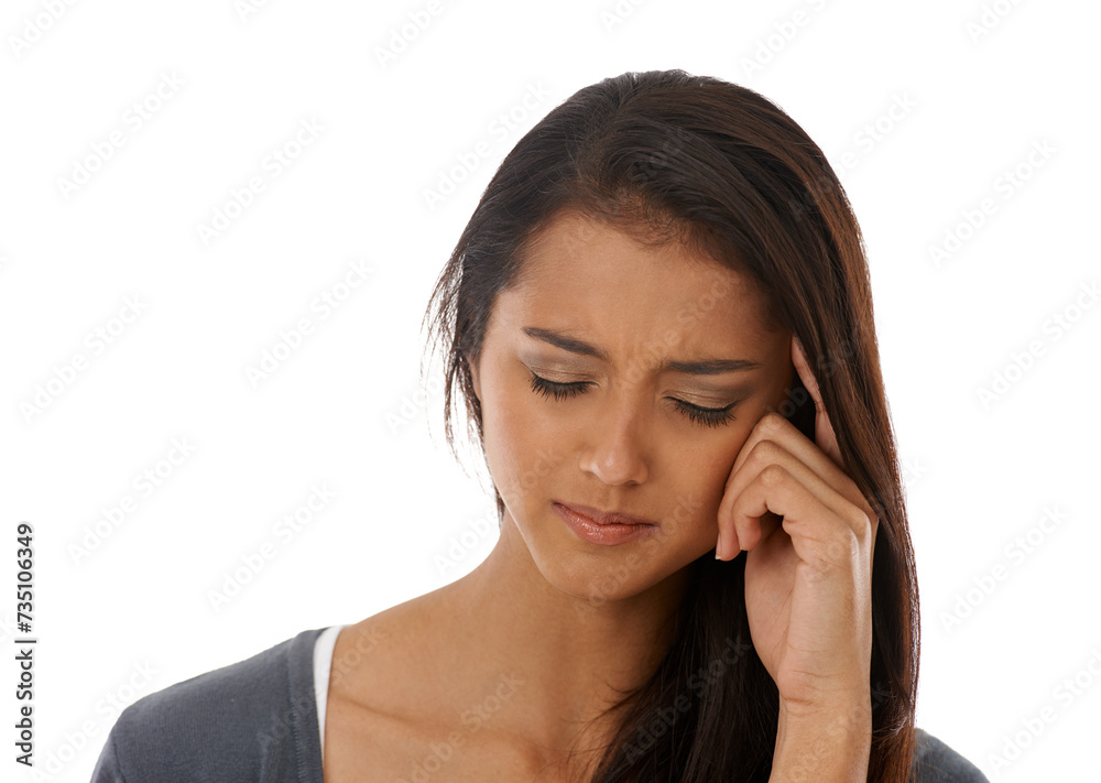 Stress, frustrated and a woman with a headache, burnout and model isolated on a white studio background. Person, anxiety and girl with a migraine and massaging temples with fatigue or tired with pain Stress, frustrated and a woman with a headache, burnout and model isolated on a white studio background. Person, anxiety and girl with a migraine and massaging temples with fatigue or tired with pain