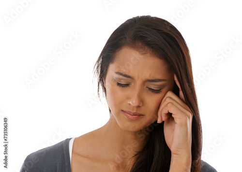 Stress, frustrated and a woman with a headache, burnout and model isolated on a white studio background. Person, anxiety and girl with a migraine and massaging temples with fatigue or tired with pain