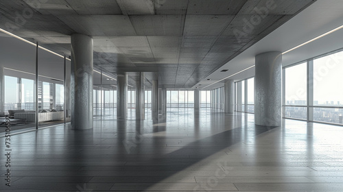 Empty open space top floor with modern skyscraper building. Generative AI