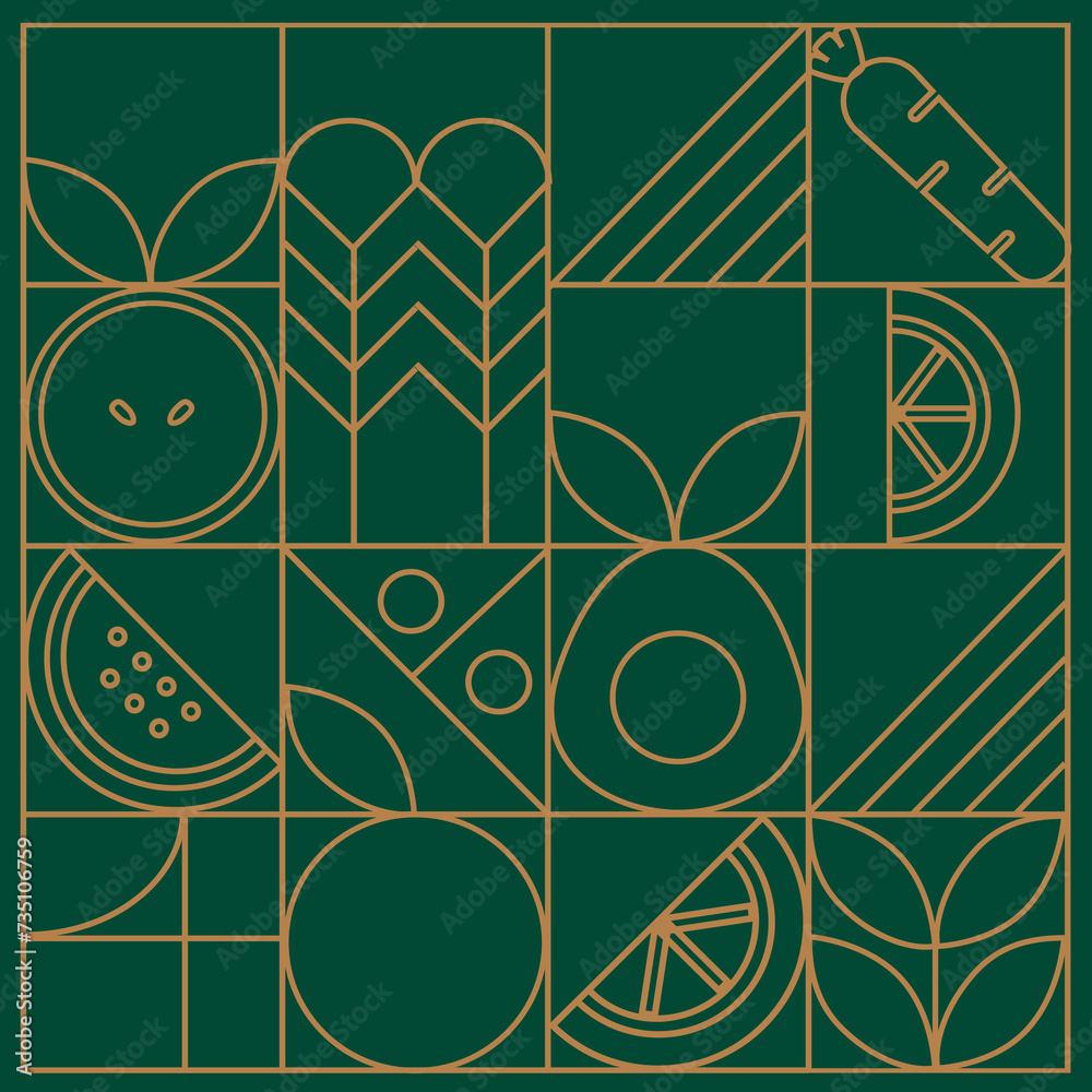 Line geometric mosaic seamless pattern illustration. Organic fruit vegetable geometric pattern. Natural food background creative simple bauhaus style, agriculture vector design. Healthy Food pattern