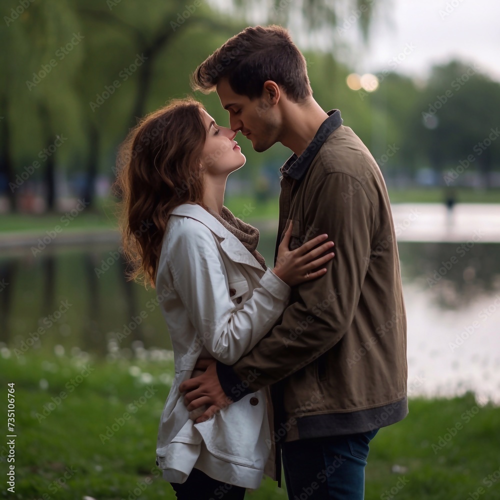 a beautiful girl raises and the guy hugs her and wants to kiss her. a park. profile, vertical photo