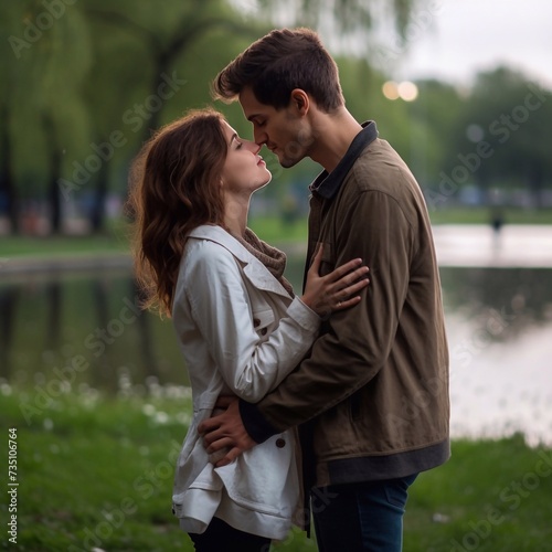 a beautiful girl raises and the guy hugs her and wants to kiss her. a park. profile, vertical photo