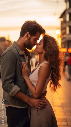 A close photo of a romantic guy who is kissing the cheek of his girlfriend in the modern urban space at the sunset in a Spain town. A couple of tourists on a date in the evening, vertical photo