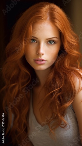 beautiful red-haired girl with long hair, mesmerizing with her gaze, vertical photo
