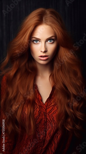 Beautiful long-haired red-haired girl in a red blouse looks surprised at the camera, vertical photo