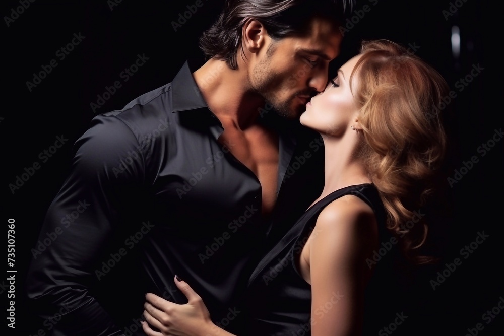 muscular handsome guy in a shirt with a beautiful woman in a dress, on a dark background, kiss muscular handsome guy in a shirt with a beautiful woman in a dress, on a dark background, kiss