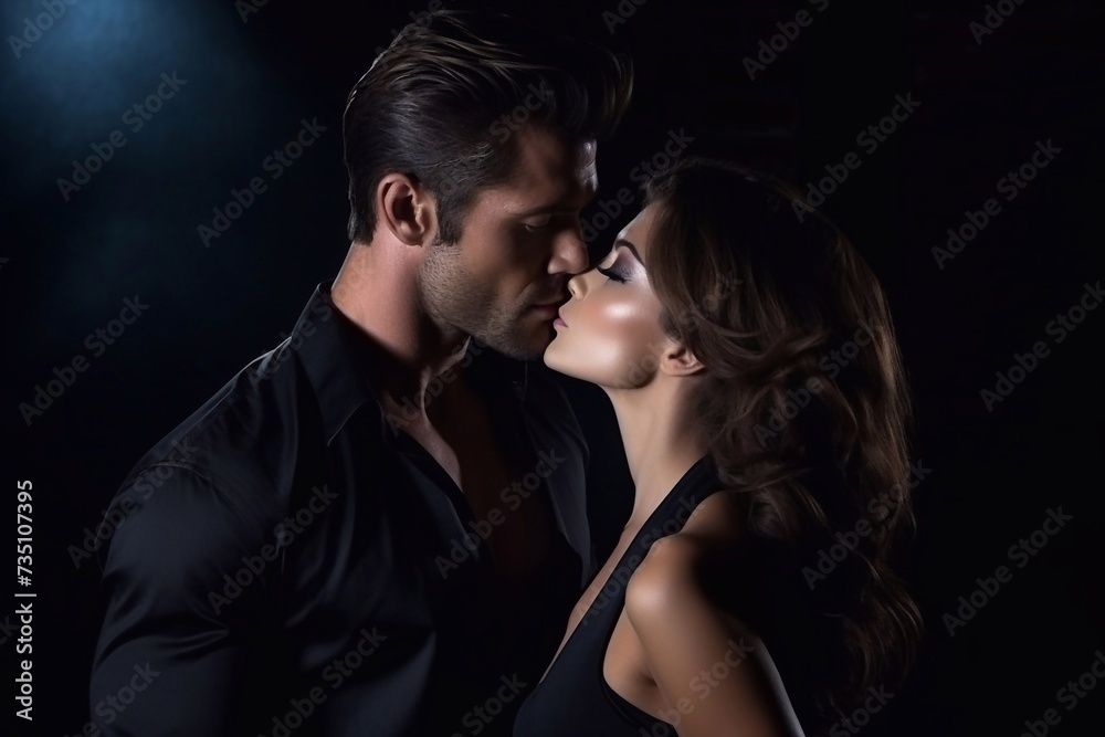 muscular handsome guy in a shirt with a beautiful woman in a dress, on a dark background, kiss muscular handsome guy in a shirt with a beautiful woman in a dress, on a dark background, kiss