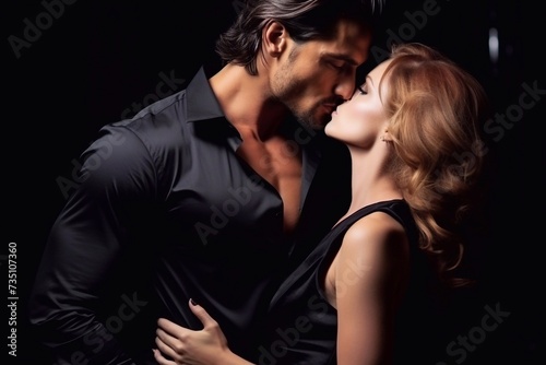 muscular handsome guy in a shirt with a beautiful woman in a dress, on a dark background, kiss