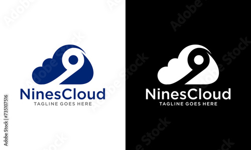 Creative Blue Vector Logo Cloud 9. Cloud Nine Illustration Of Cloud With Number Nine In It.