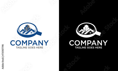Creative City in a magnifying glass logo template. Skyscrapers and magnifier vector design. Search symbol illustration