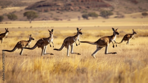 Group of Kangaroos Hopping Across Australian Outback AI Generated.
