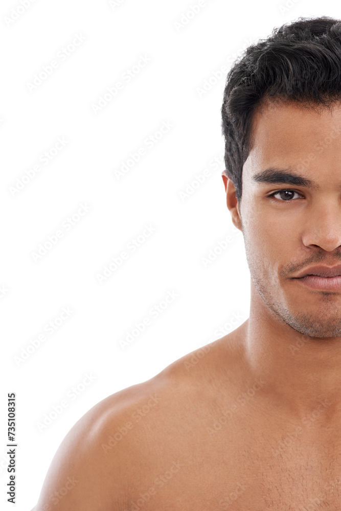 Fototapeta premium Skincare, man and half portrait in studio for wellness, treatment or glowing skin on white background. Face, mockup or male model with beauty, care or after shower, dermatology or result satisfaction