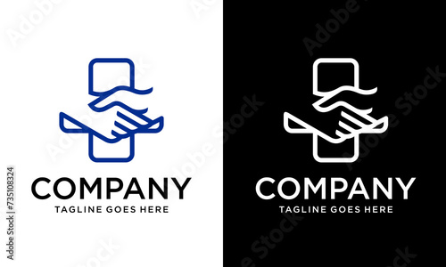 Creative Health cooperation concept logo vector graphic design. White and blue handshake with medical cross logo.